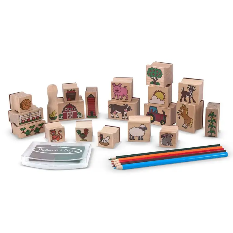 MELISSA & DOUG Arte y Manualidad 18592 Conjunto de Sellos de Madera de Animales Y Cultivos de Granja